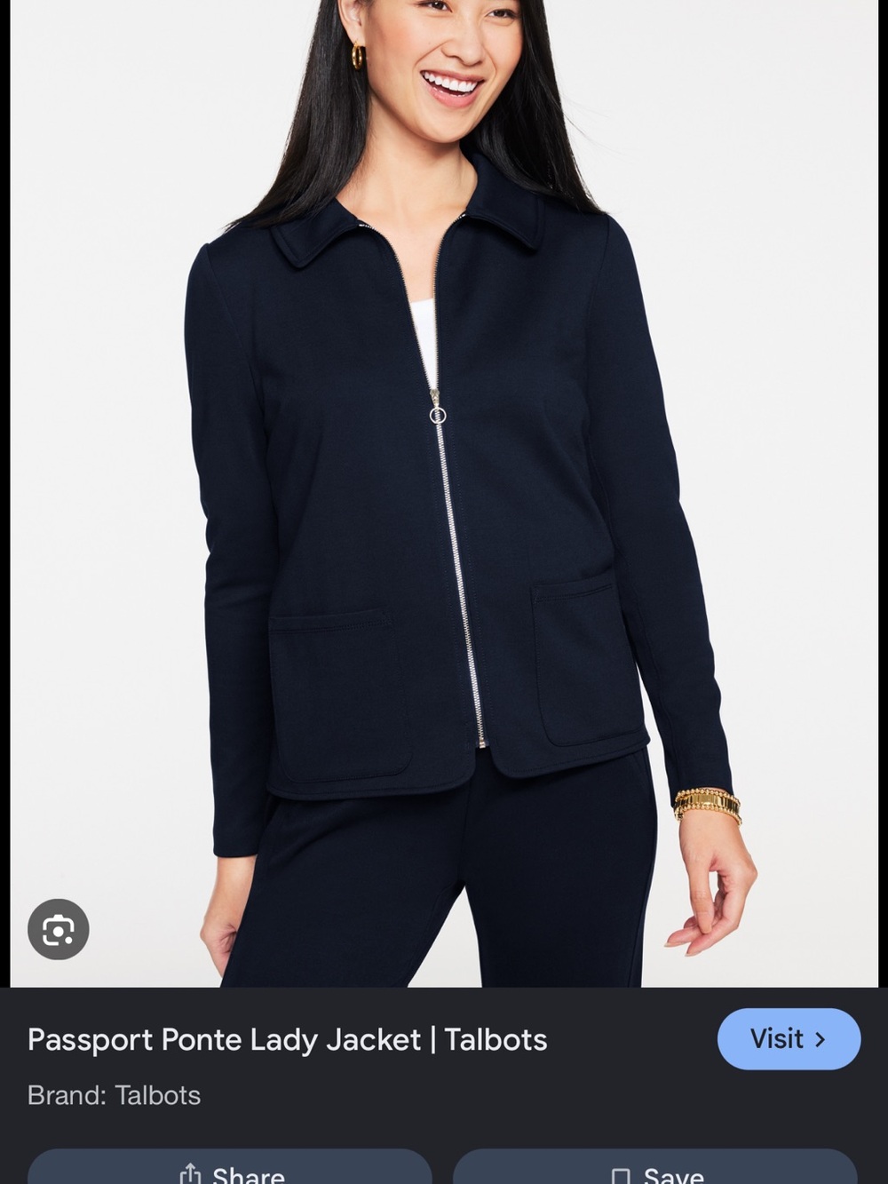 Talbots Navy Zip-Front Ponte Jacket